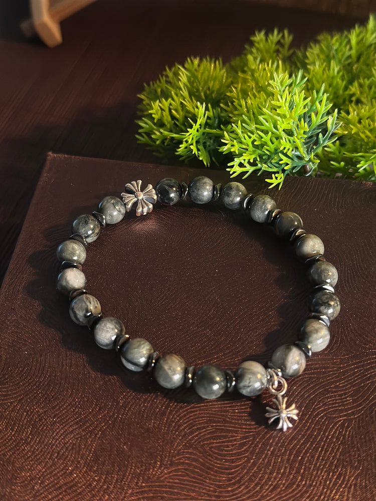 AAA天然イーグルアイ（ホークスアイ）ブレスレット｜925スターリングシルバー クロスチャーム・守護ブレスレット