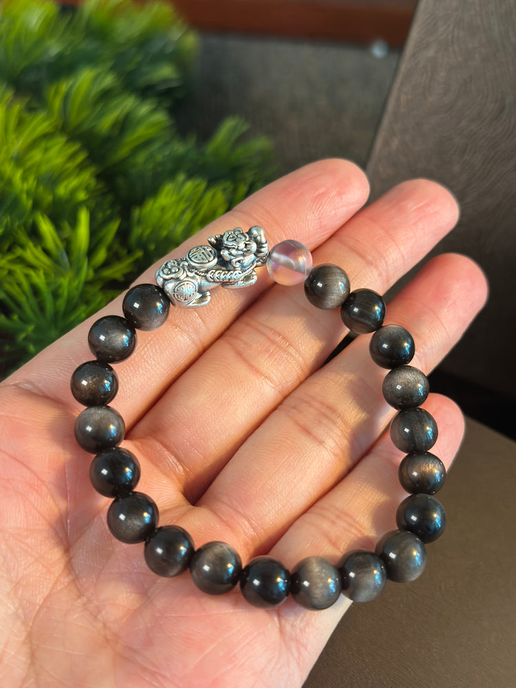 AAA天然黒曜石 貔貅（ヒキュウ）ブレスレット｜999純銀・ムーンストーン・風水 招財守護ブレスレット