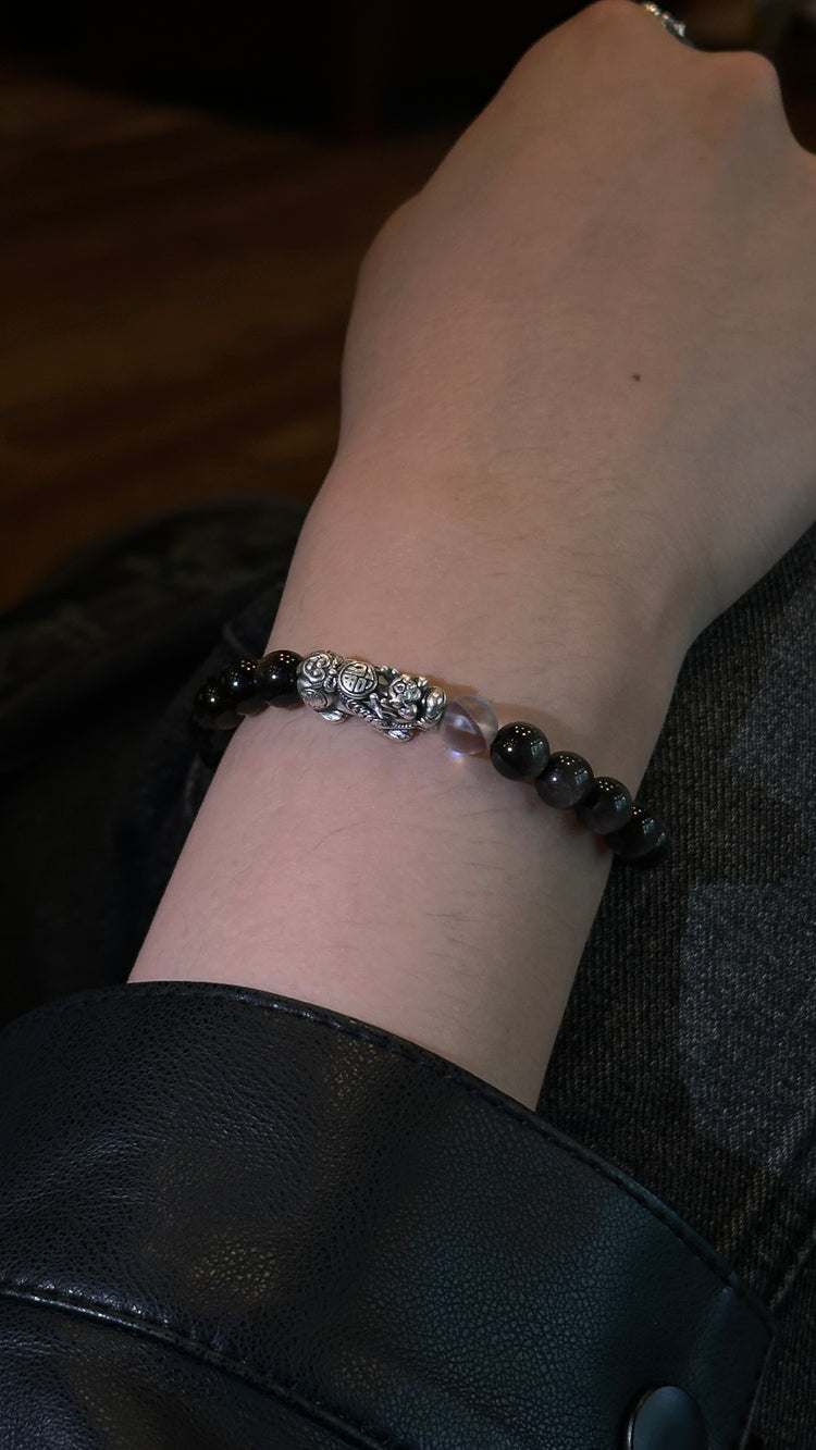 AAA天然黒曜石 貔貅（ヒキュウ）ブレスレット｜999純銀・ムーンストーン・風水 招財守護ブレスレット