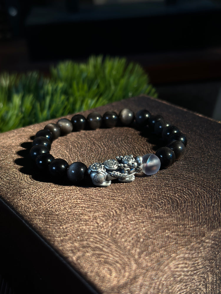 AAA天然黒曜石 貔貅（ヒキュウ）ブレスレット｜999純銀・ムーンストーン・風水 招財守護ブレスレット